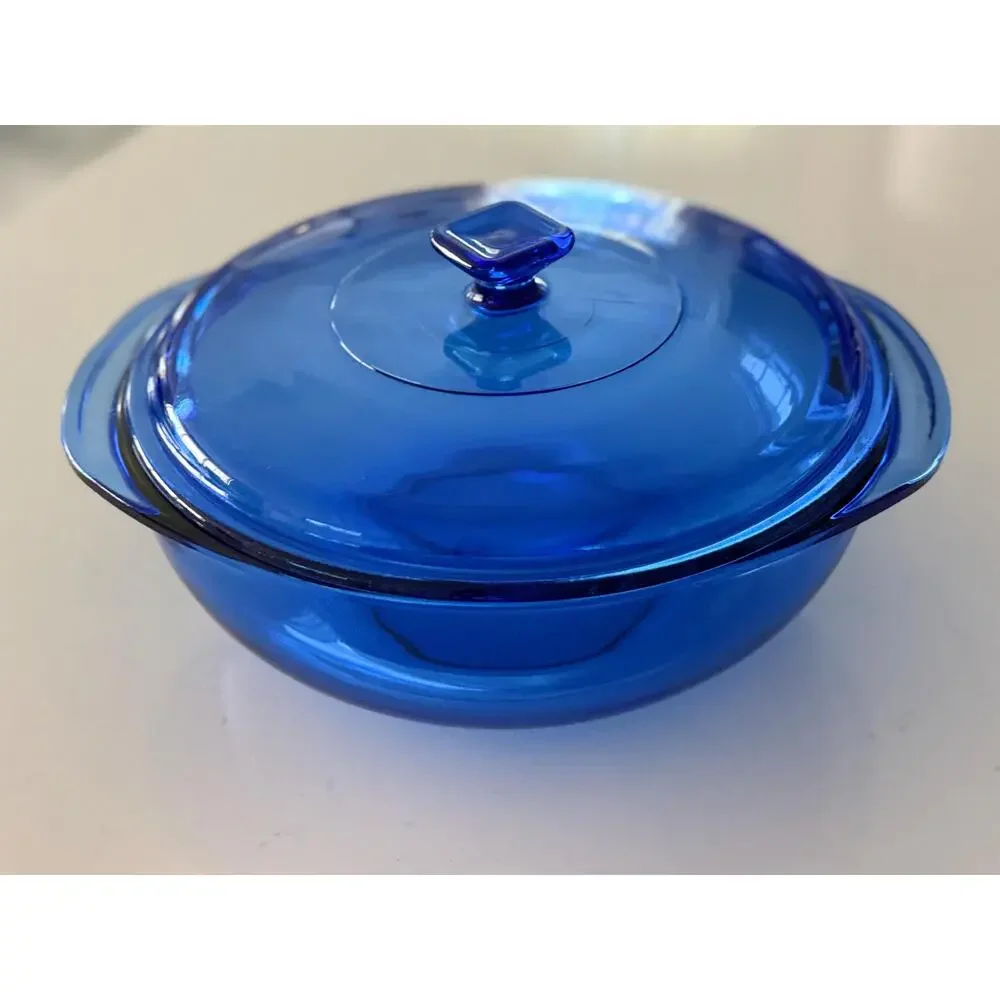 Vintage Pyrex Cobalt Blue Round Casserole Dish with Lid, 2 Qt Ribbed Glass Baker